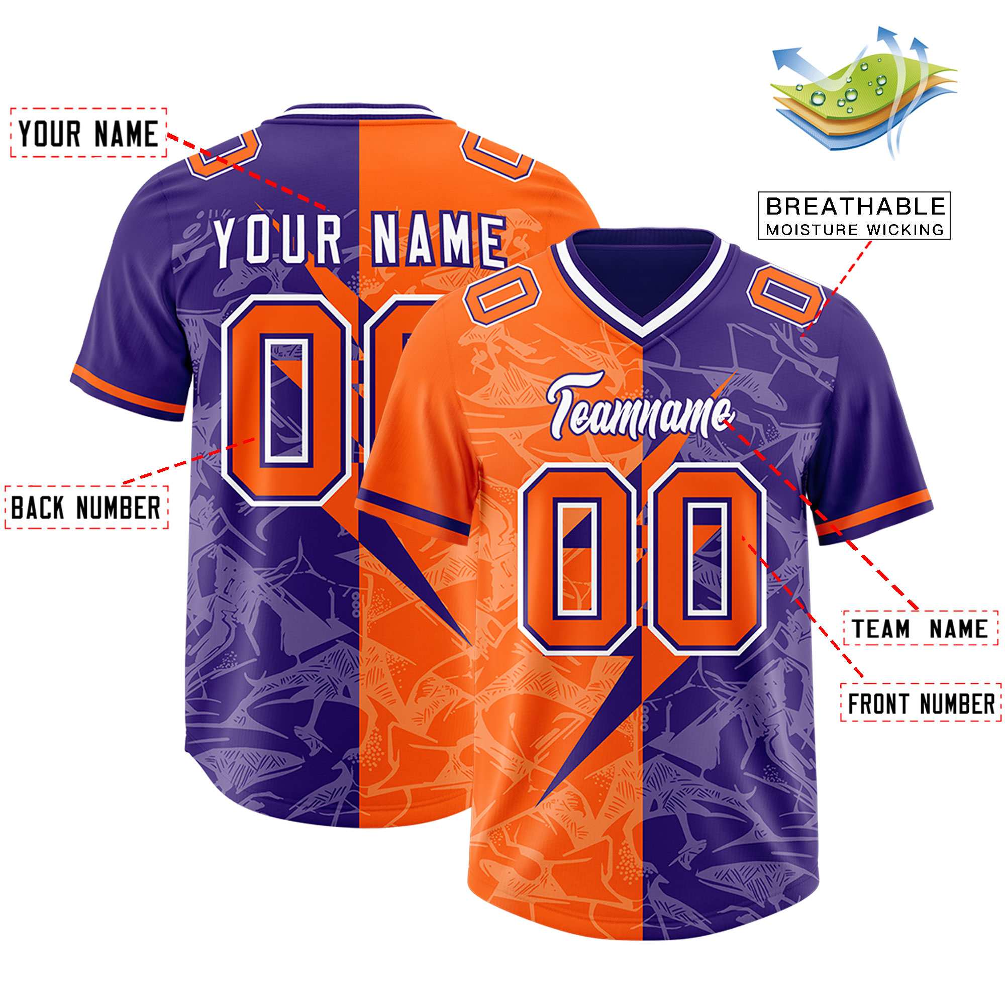 Custom Orange Purple Split Personalized Lightning Pattern American Football Jersey
