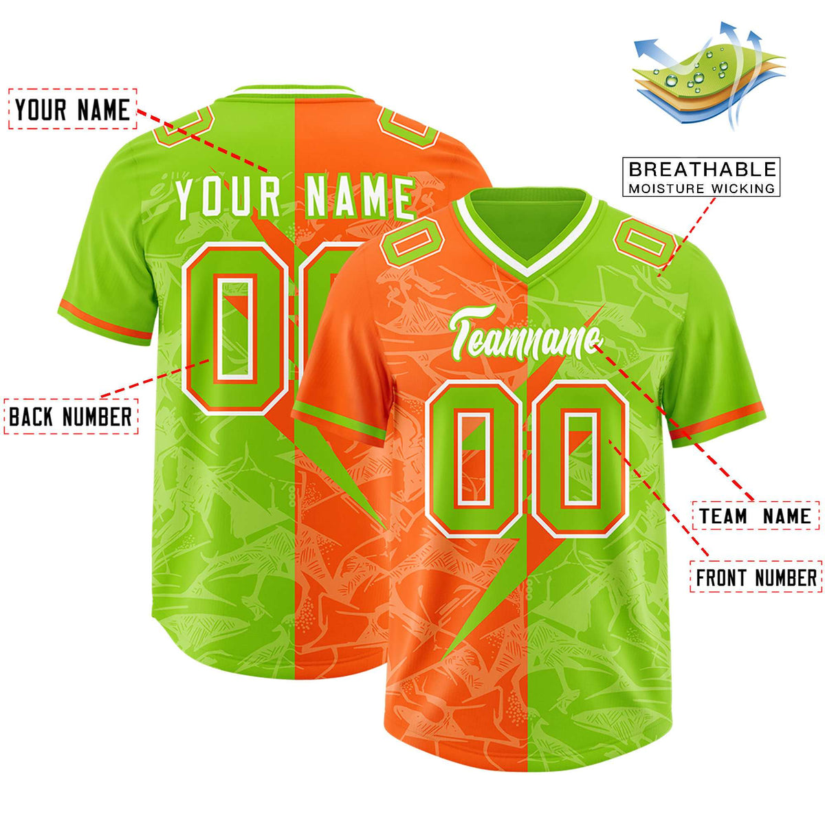 Custom Neon Green Orange Split Personalized Lightning Pattern American Football Jersey