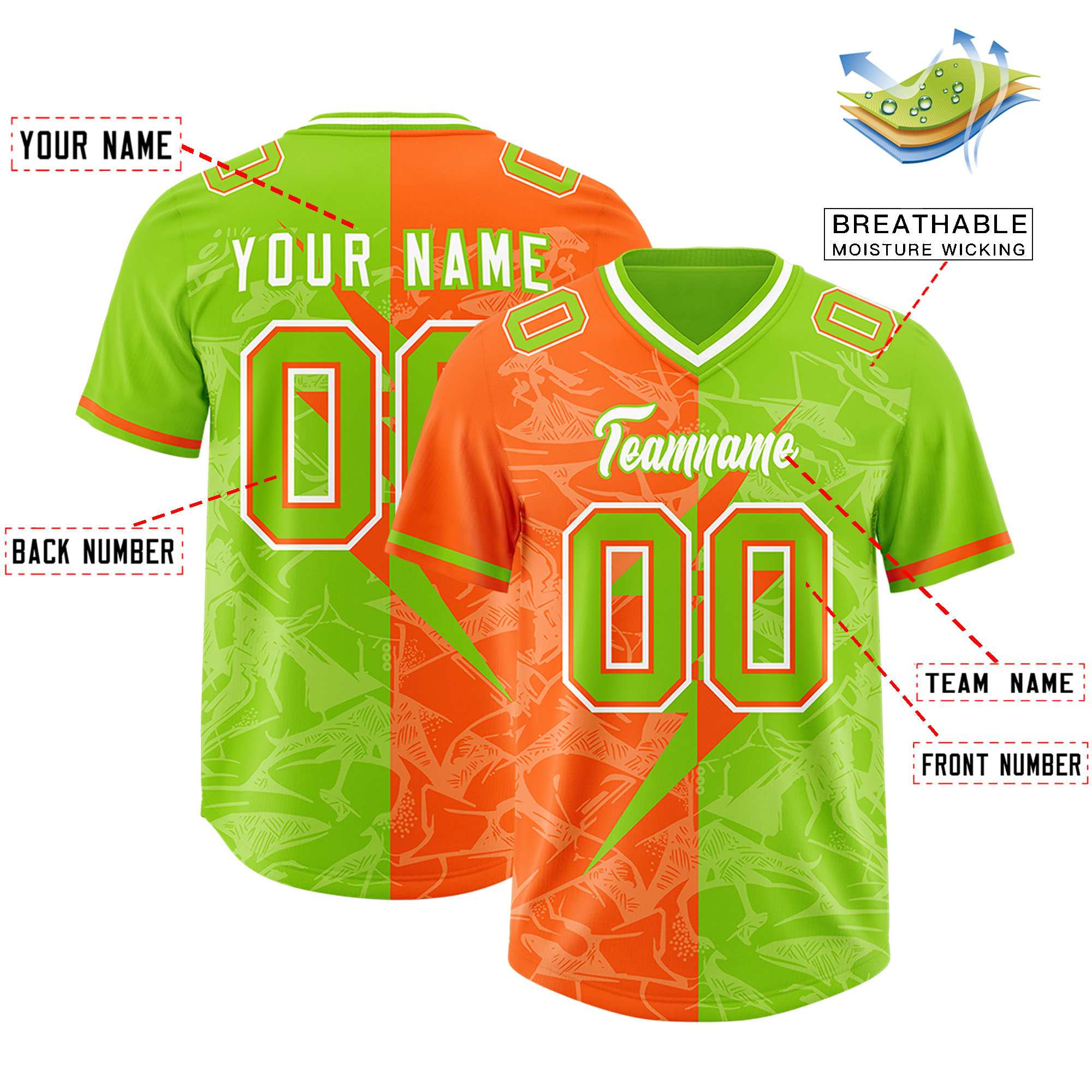 Custom Neon Green Orange Split Personalized Lightning Pattern American Football Jersey