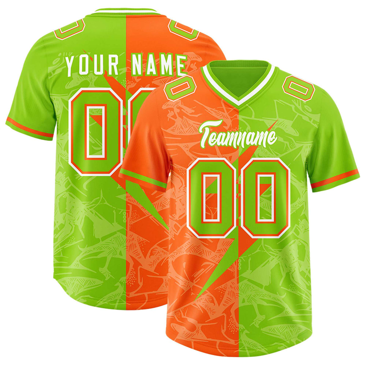 Custom Neon Green Orange Split Personalized Lightning Pattern American Football Jersey