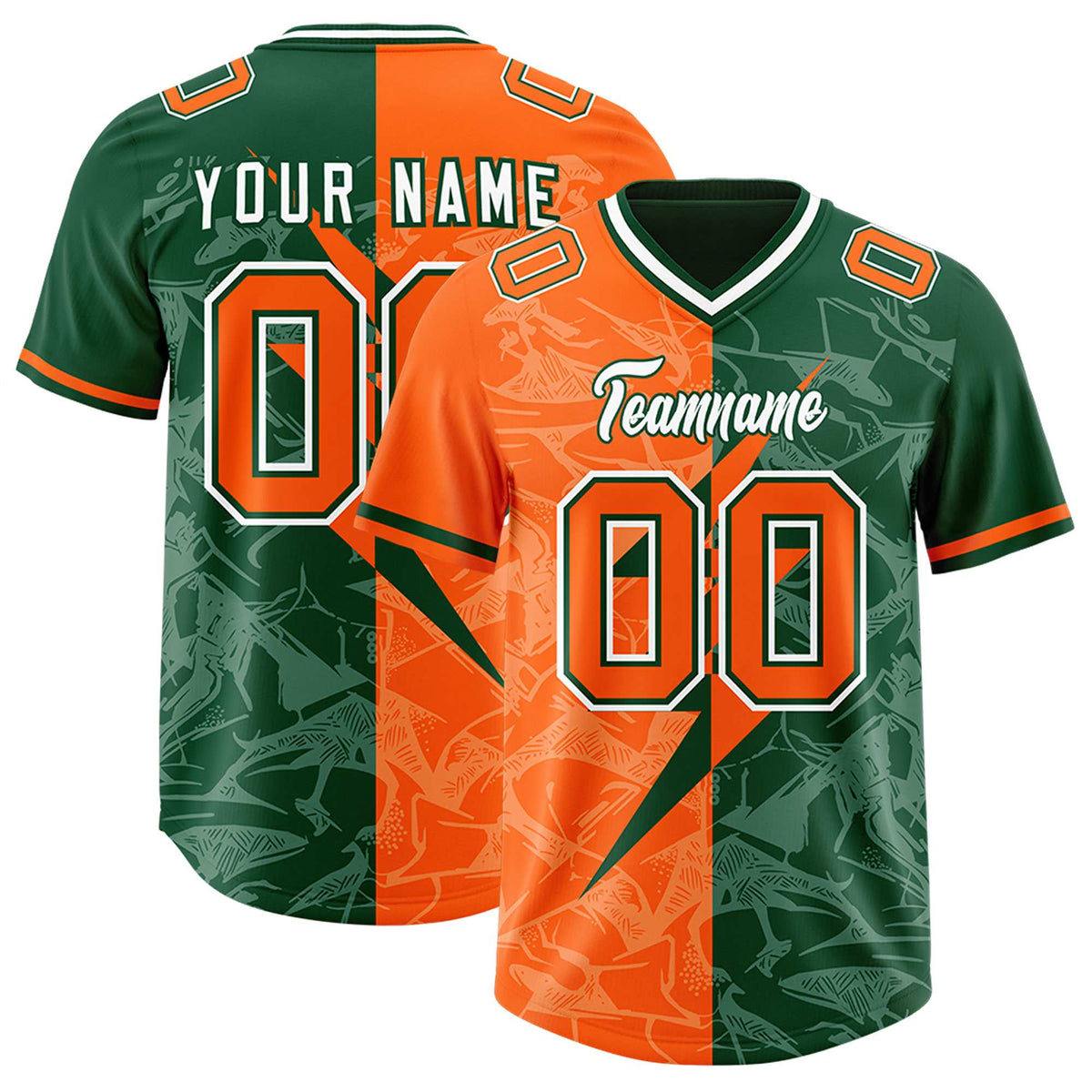 Custom Green Orange Split Personalized Lightning Pattern American Football Jersey