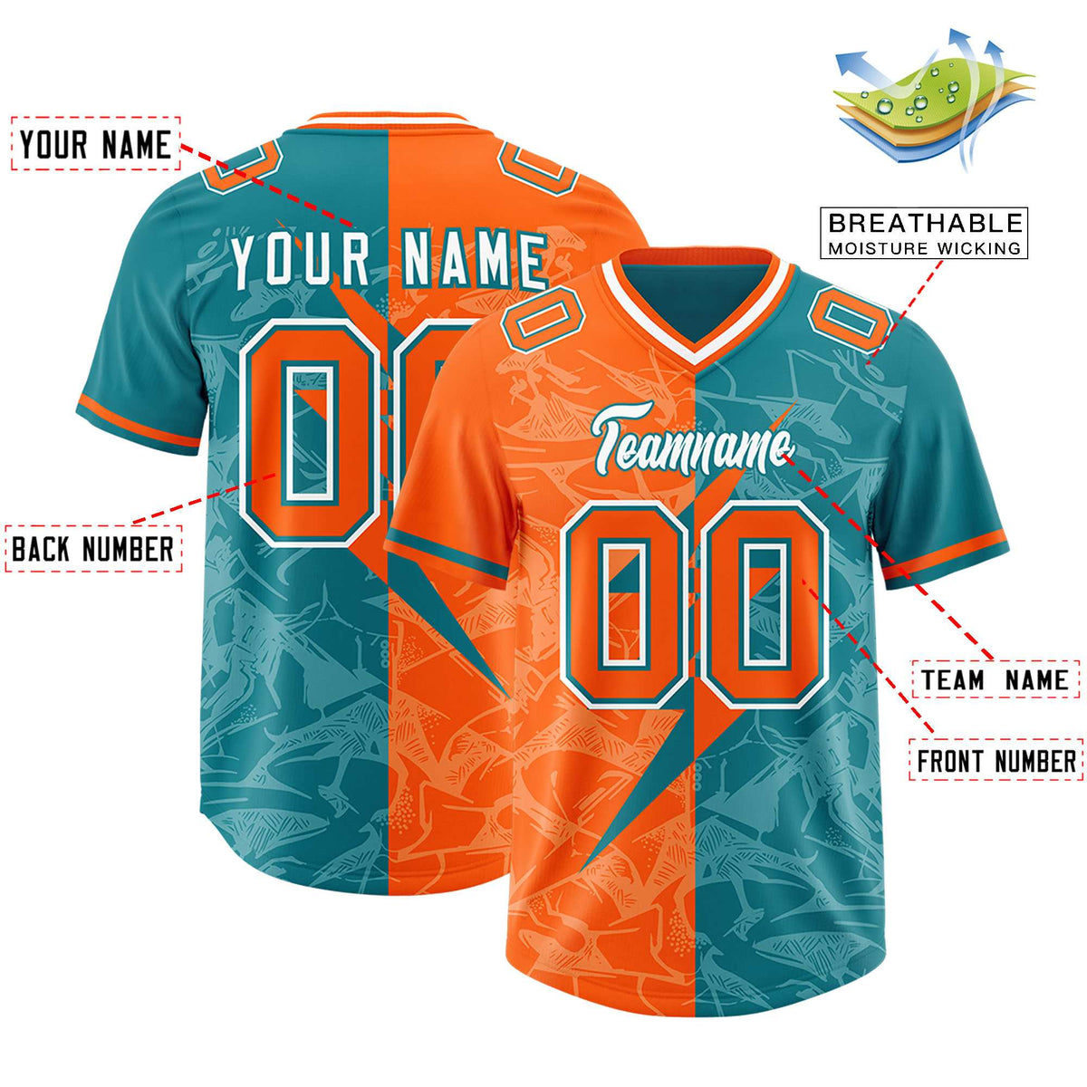 Custom Aqua Orange Split Personalized Lightning Pattern American Football Jersey