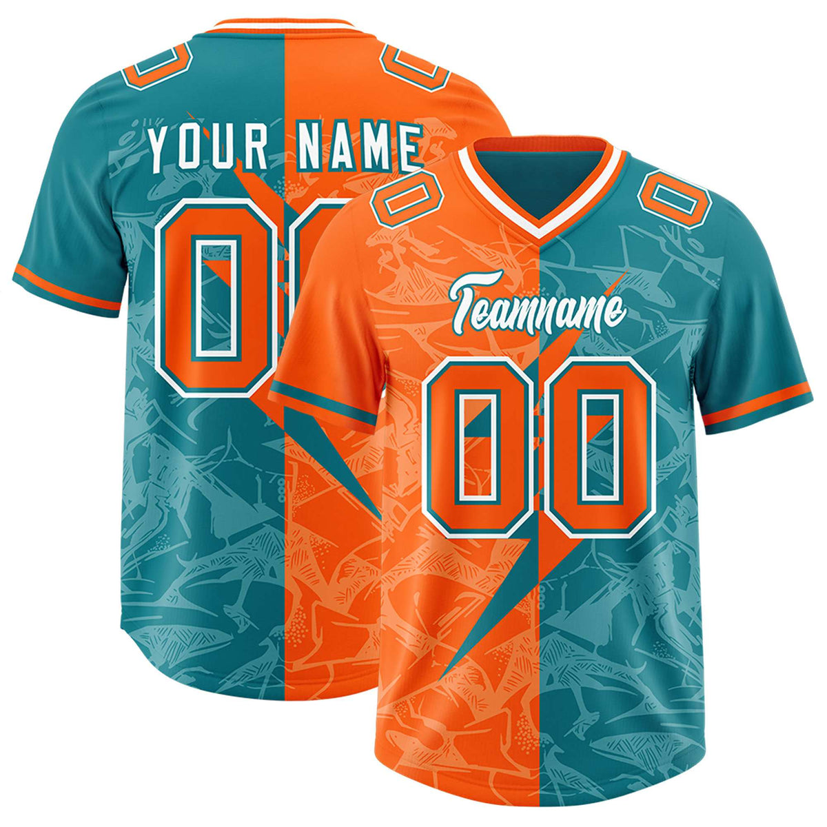 Custom Aqua Orange Split Personalized Lightning Pattern American Football Jersey