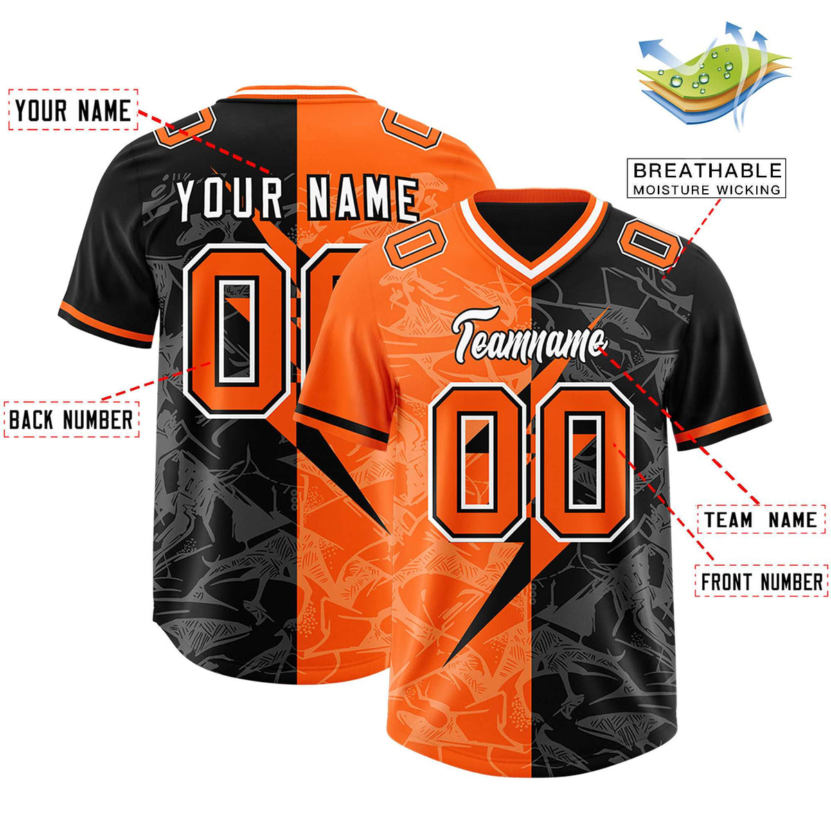 Custom Black Orange Split Personalized Lightning Pattern American Football Jersey