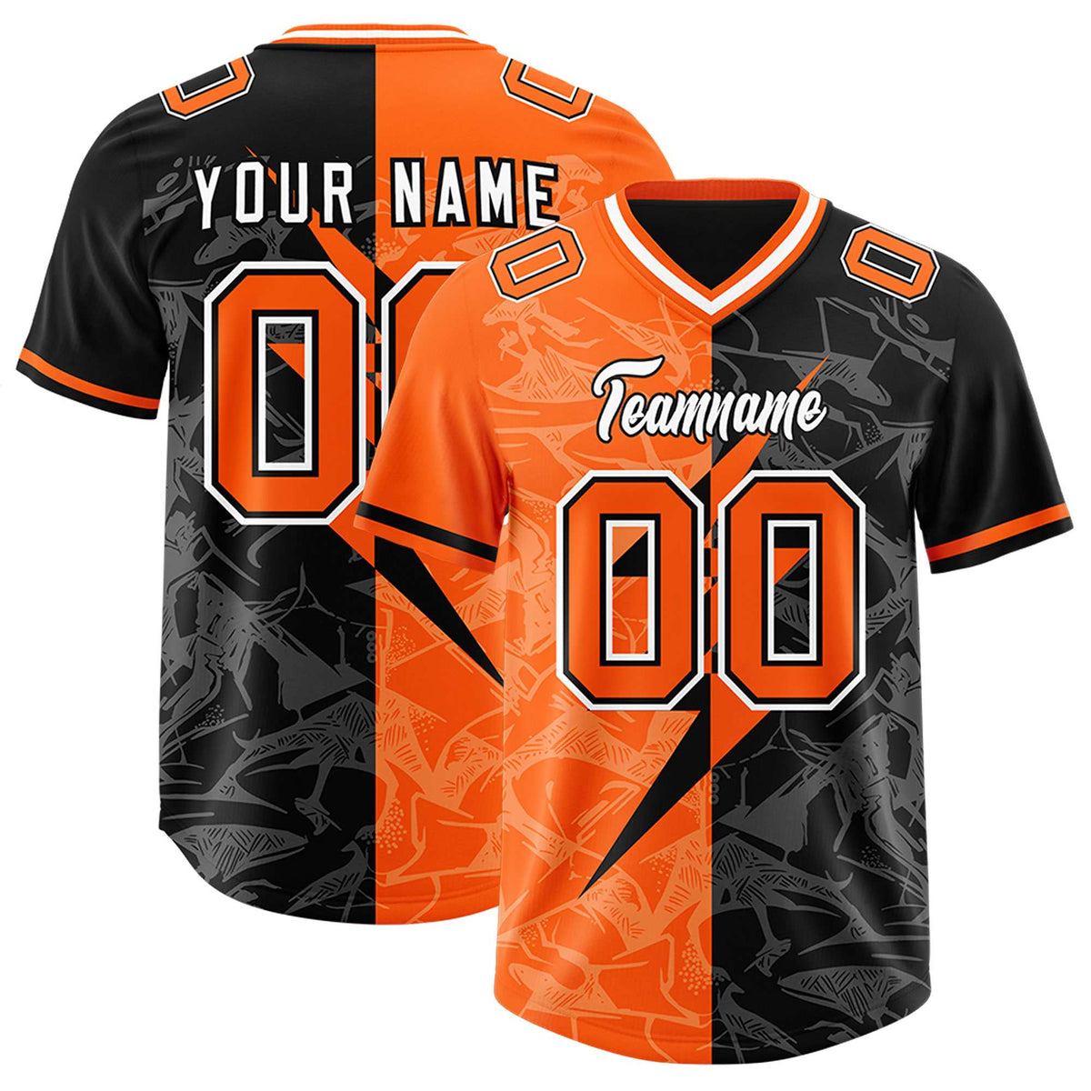 Custom Black Orange Split Personalized Lightning Pattern American Football Jersey
