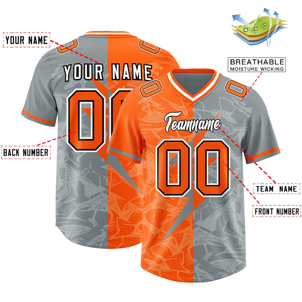 Custom Grey Orange Split Personalized Lightning Pattern American Football Jersey