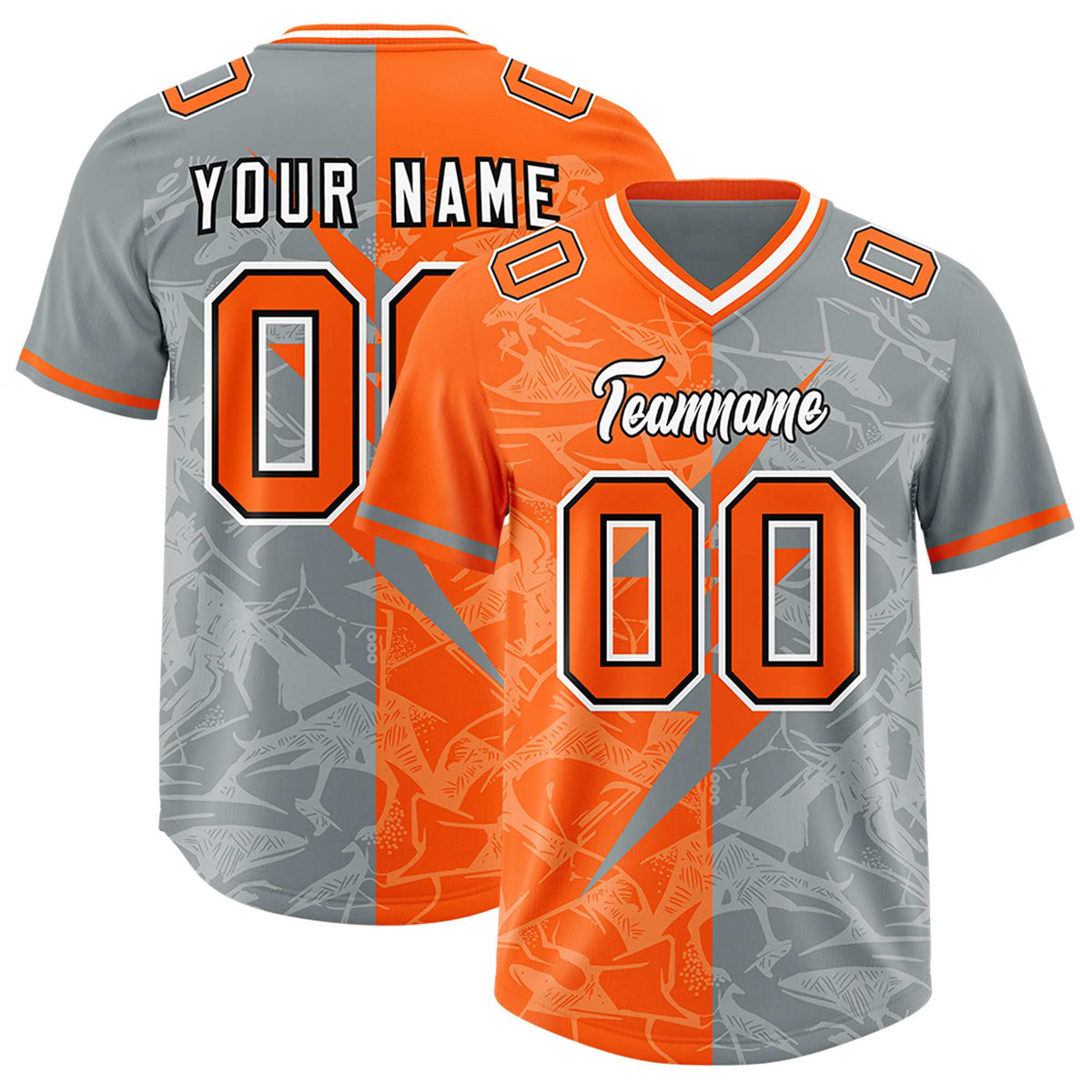 Custom Grey Orange Split Personalized Lightning Pattern American Football Jersey