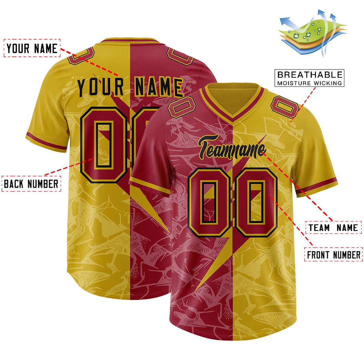 Custom Old Gold Cardinal Split Personalized Lightning Pattern American Football Jersey