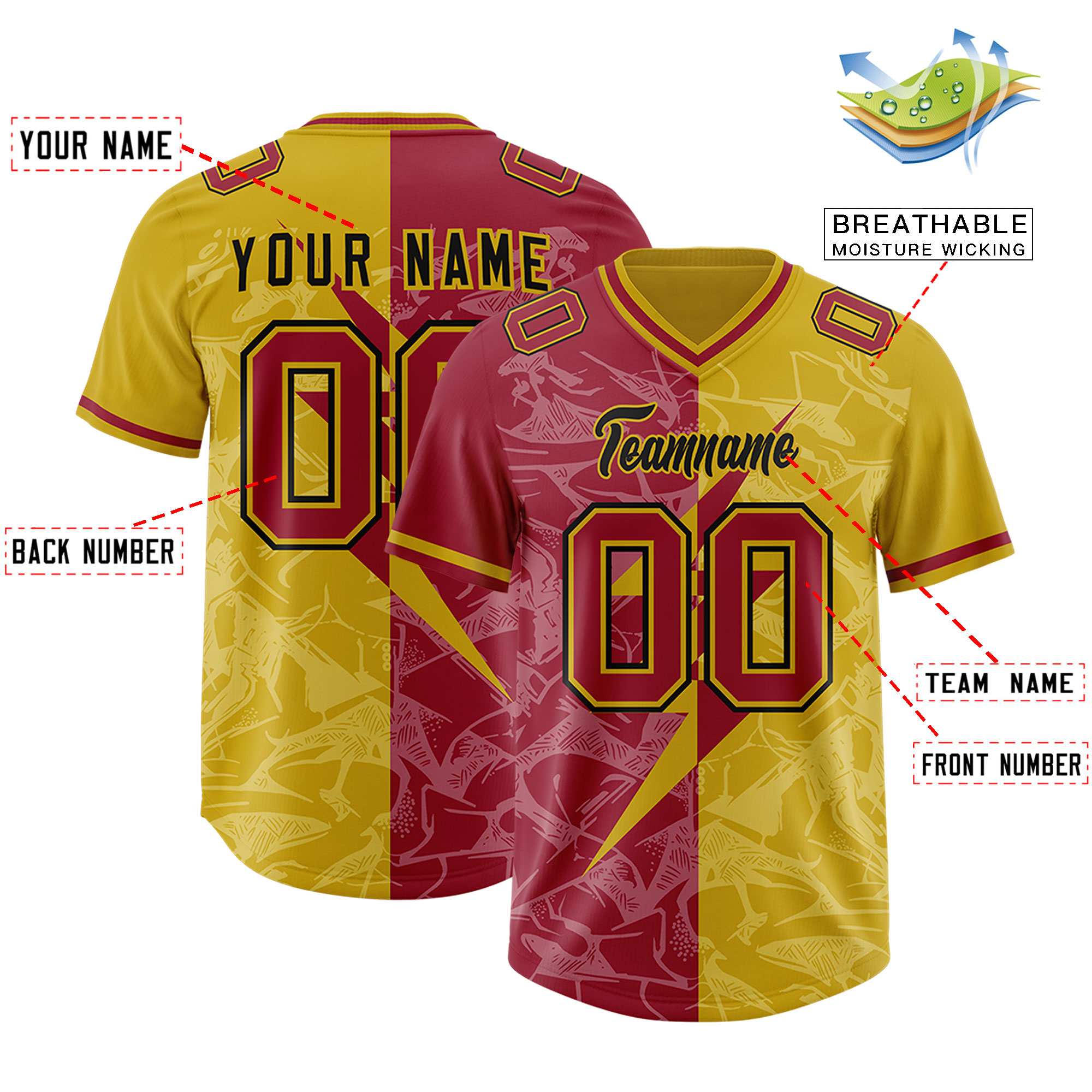 Custom Old Gold Cardinal Split Personalized Lightning Pattern American Football Jersey