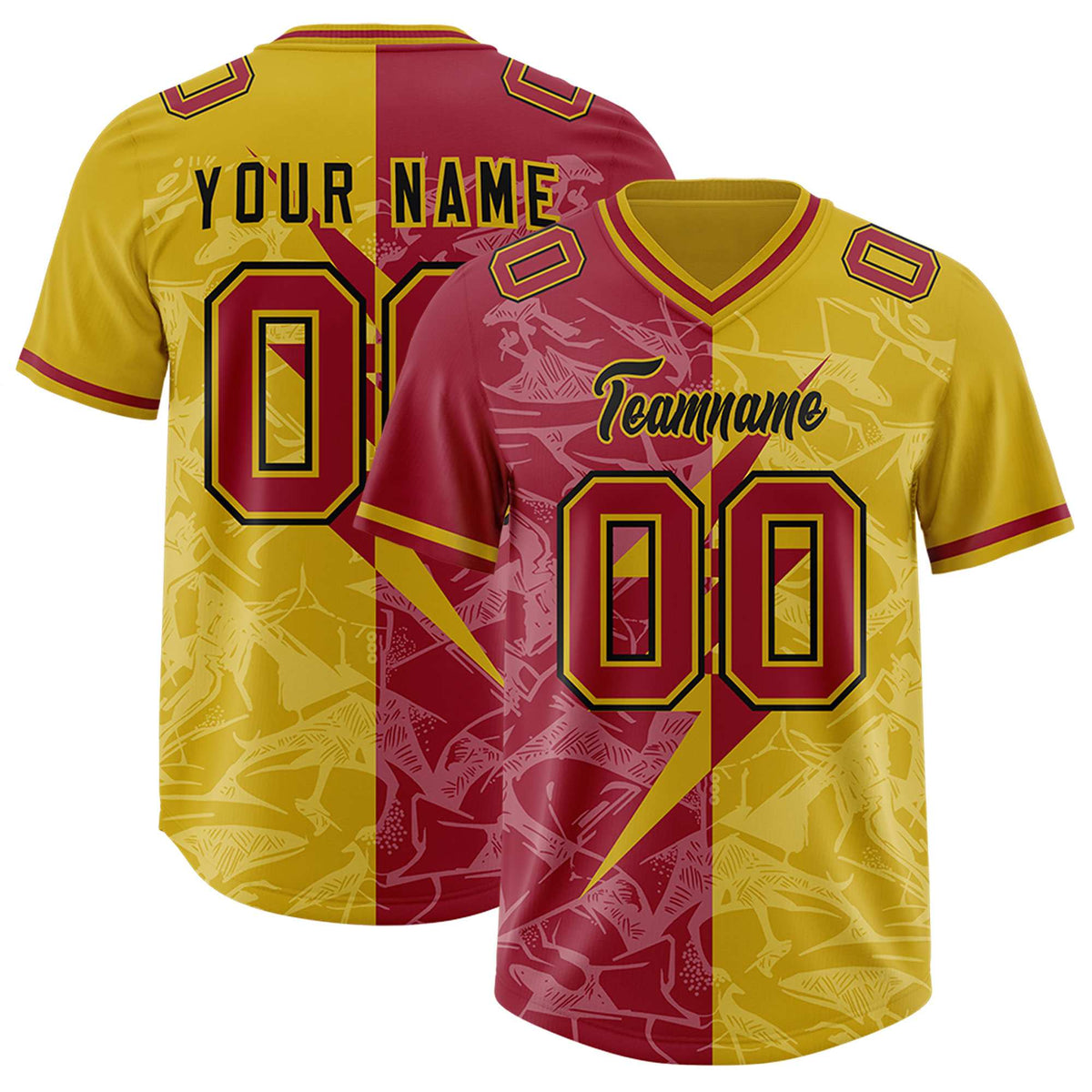 Custom Old Gold Cardinal Split Personalized Lightning Pattern American Football Jersey