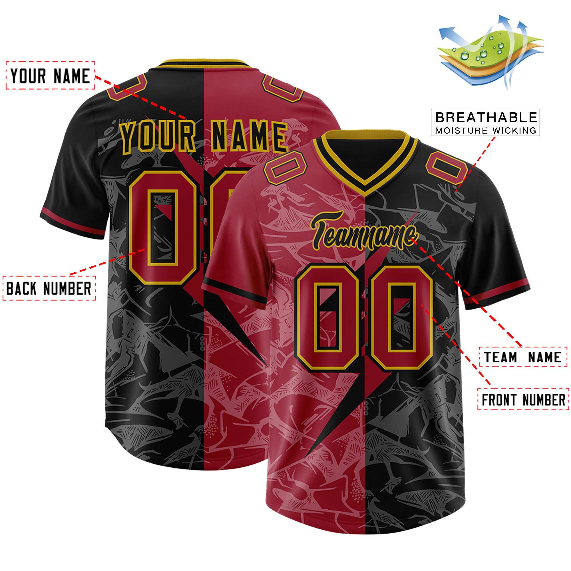 Custom Black Cardinal Split Personalized Lightning Pattern American Football Jersey