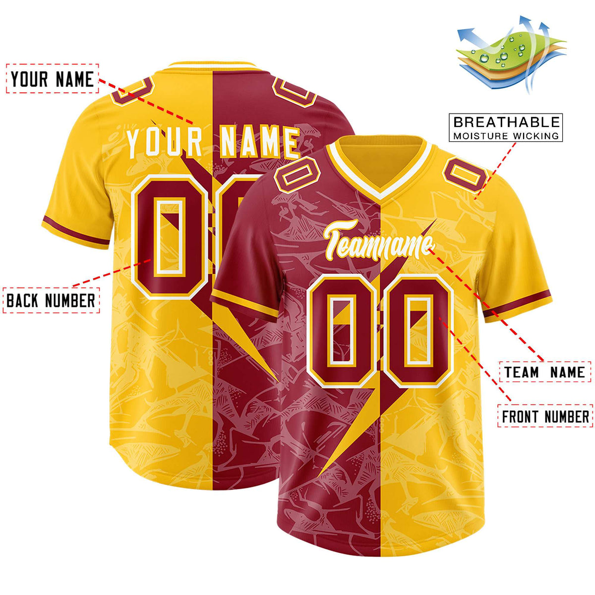 Custom Yellow Cardinal Split Personalized Lightning Pattern American Football Jersey
