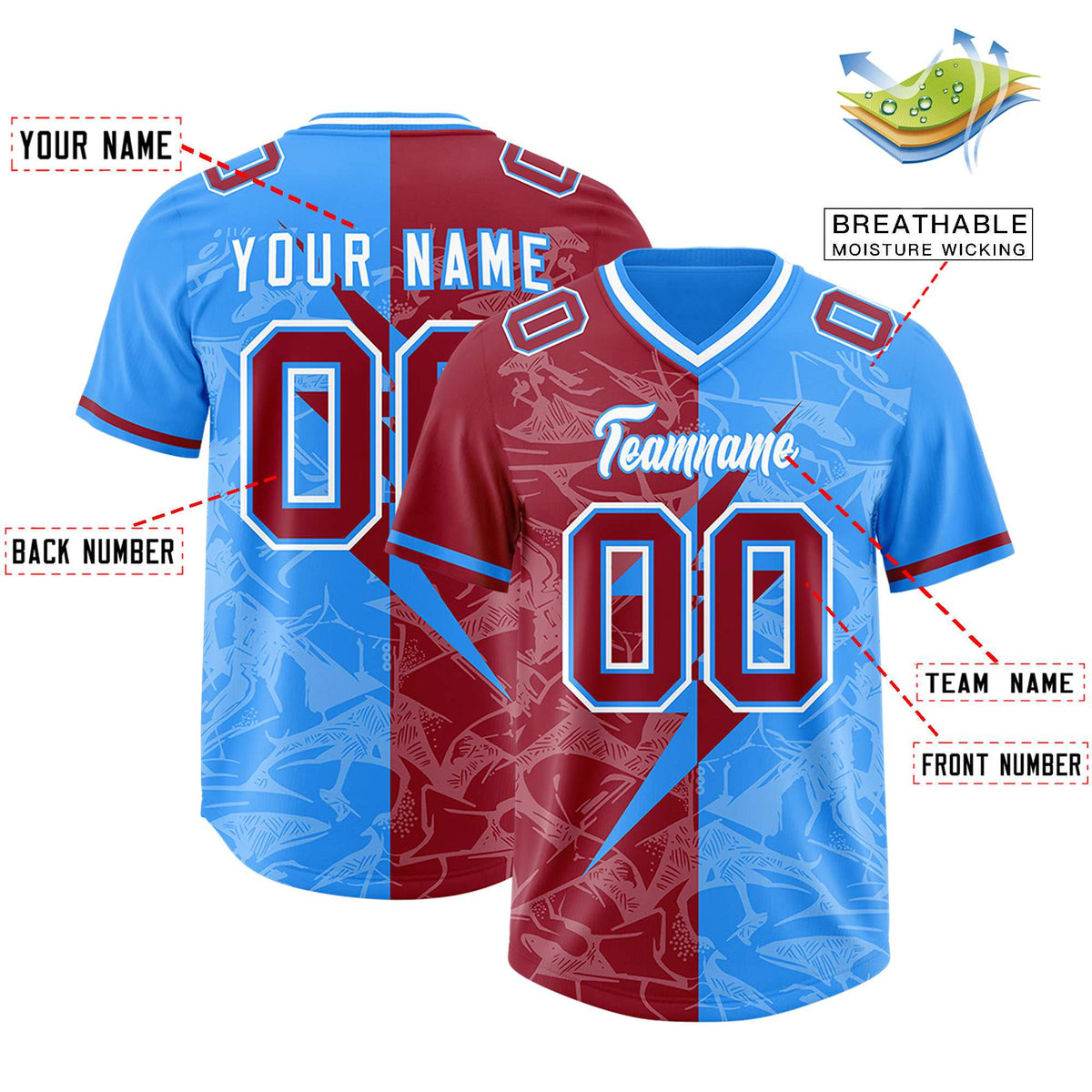 Custom Light Blue Cardinal Split Personalized Lightning Pattern American Football Jersey