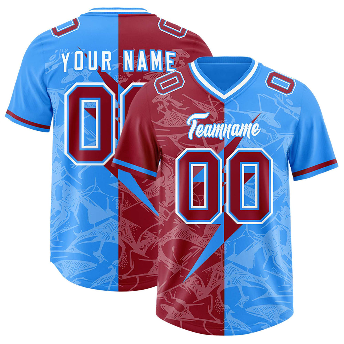 Custom Light Blue Cardinal Split Personalized Lightning Pattern American Football Jersey