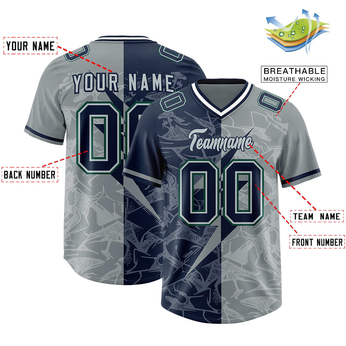 Custom Navy Gray Split Personalized Lightning Pattern American Football Jersey
