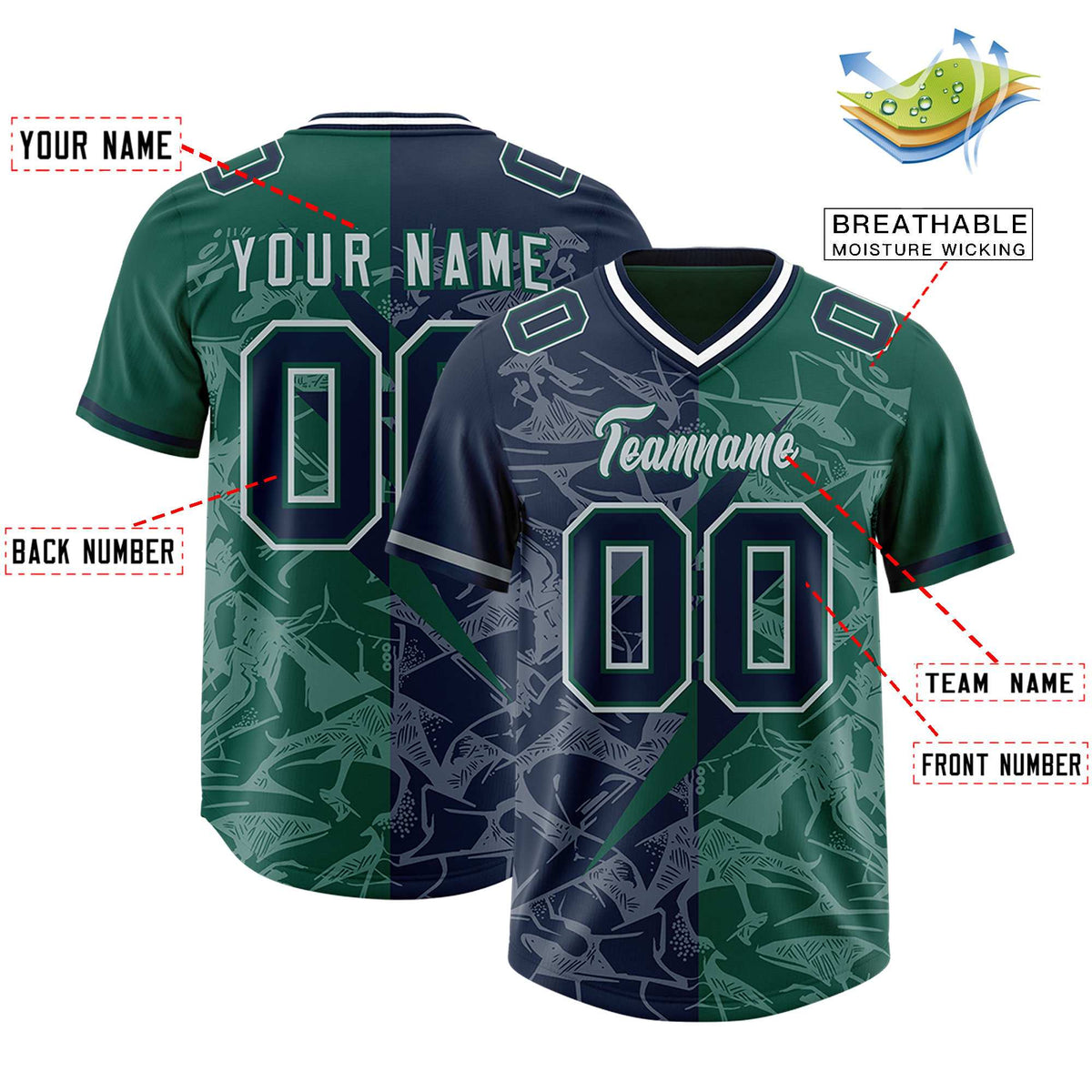 Custom Green Navy Split Personalized Lightning Pattern American Football Jersey