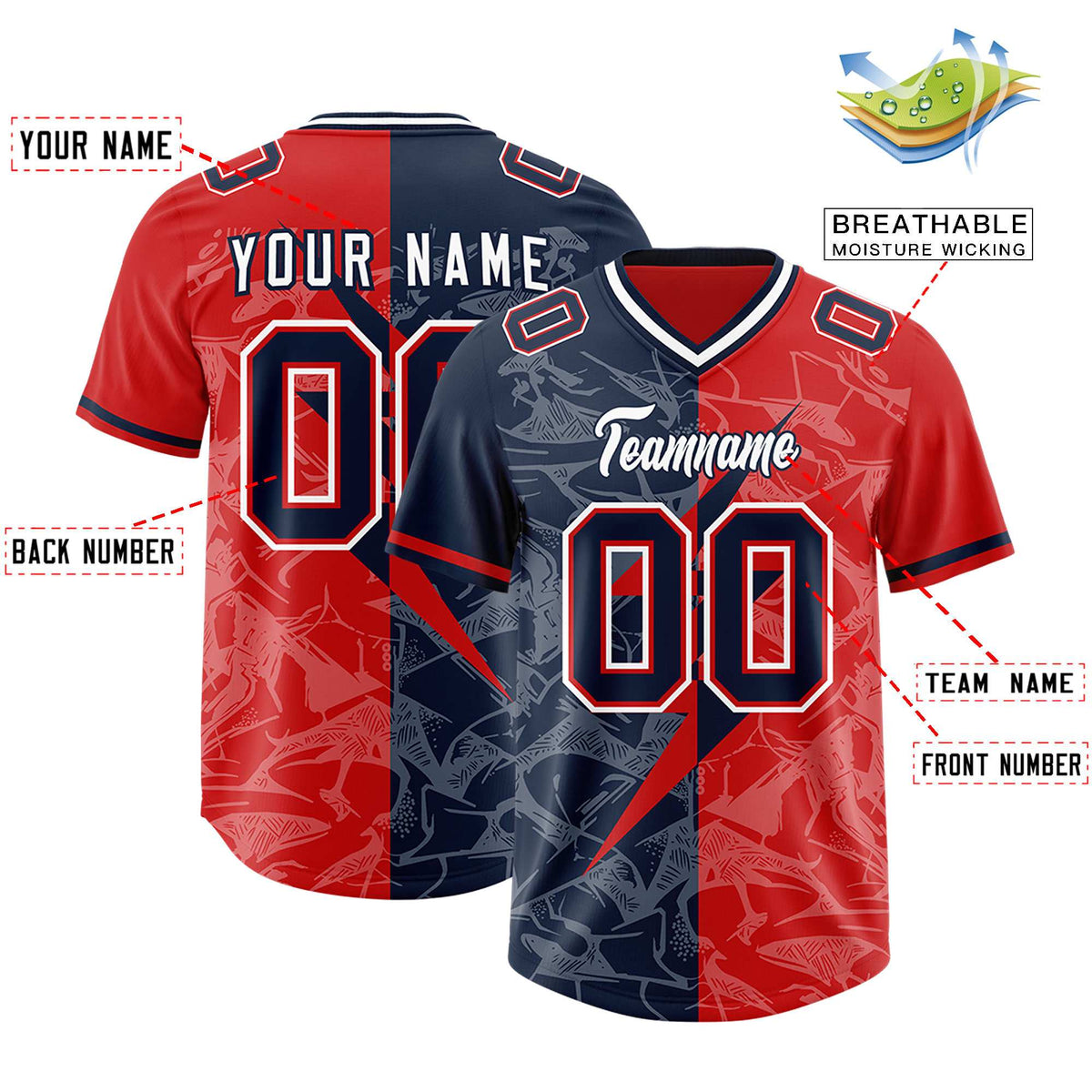 Custom Red Navy Split Personalized Lightning Pattern American Football Jersey