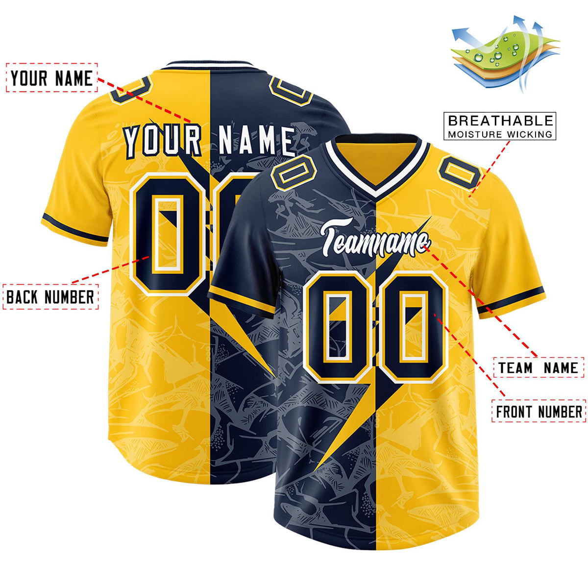 Custom Gold Navy Split Personalized Lightning Pattern American Football Jersey