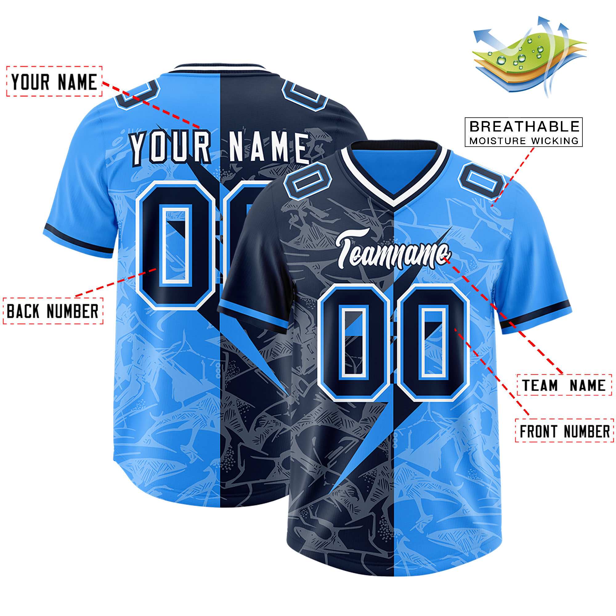 Custom Light Blue Navy Split Personalized Lightning Pattern American Football Jersey