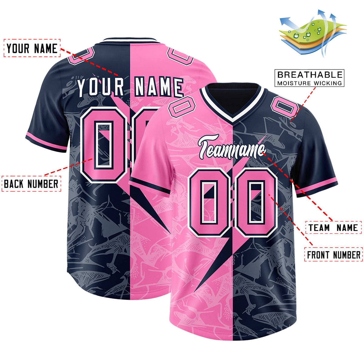 Custom Navy Pink Split Personalized Lightning Pattern American Football Jersey