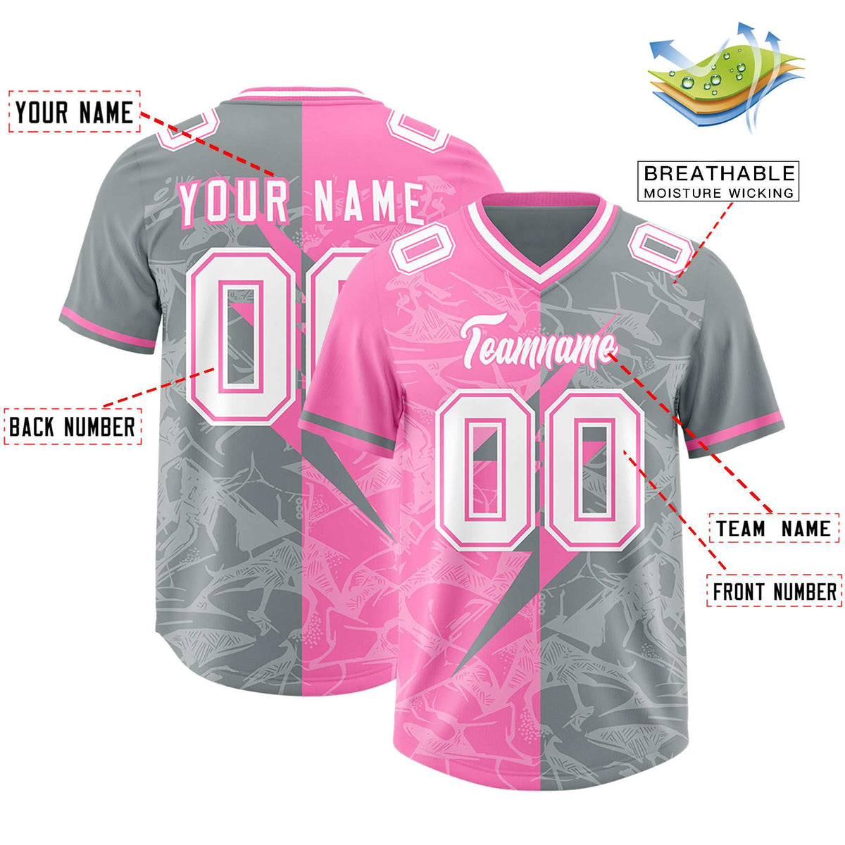 Custom Gray Pink Split Personalized Lightning Pattern American Football Jersey