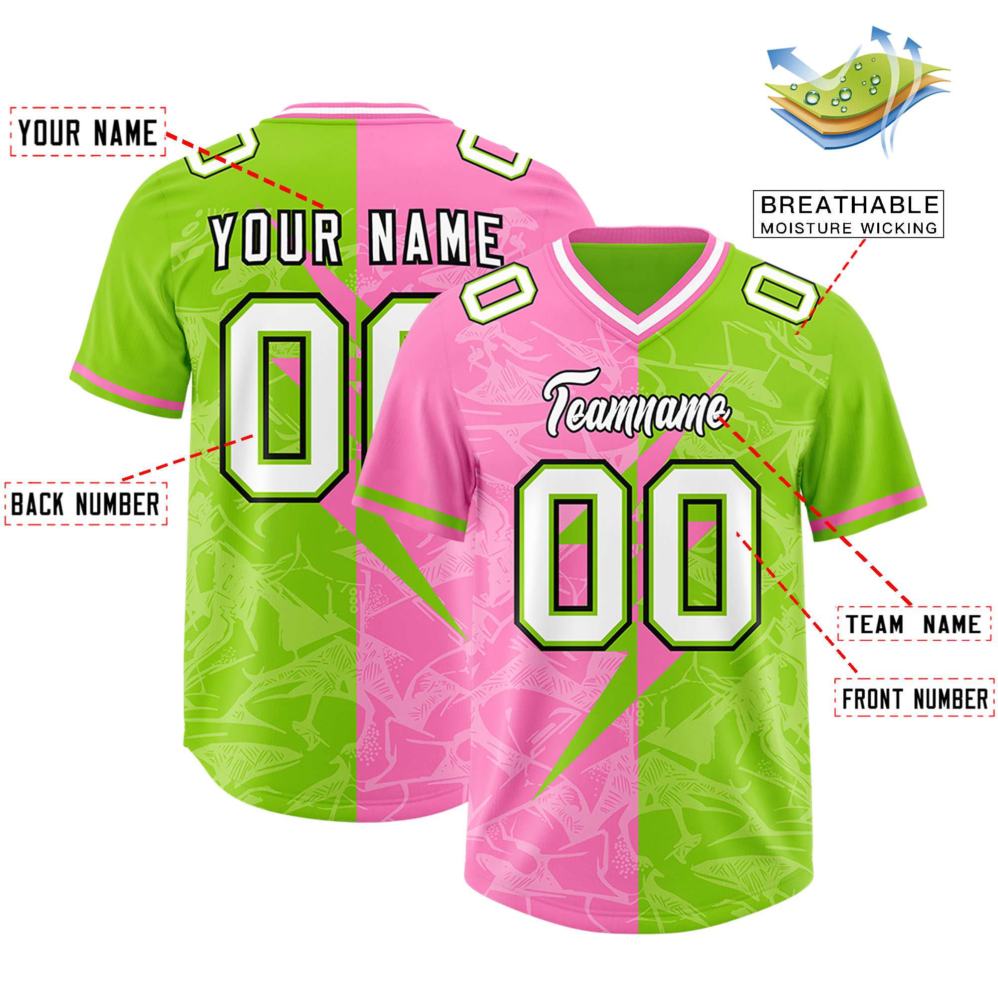 Custom Neon Green Pink Split Personalized Lightning Pattern American Football Jersey