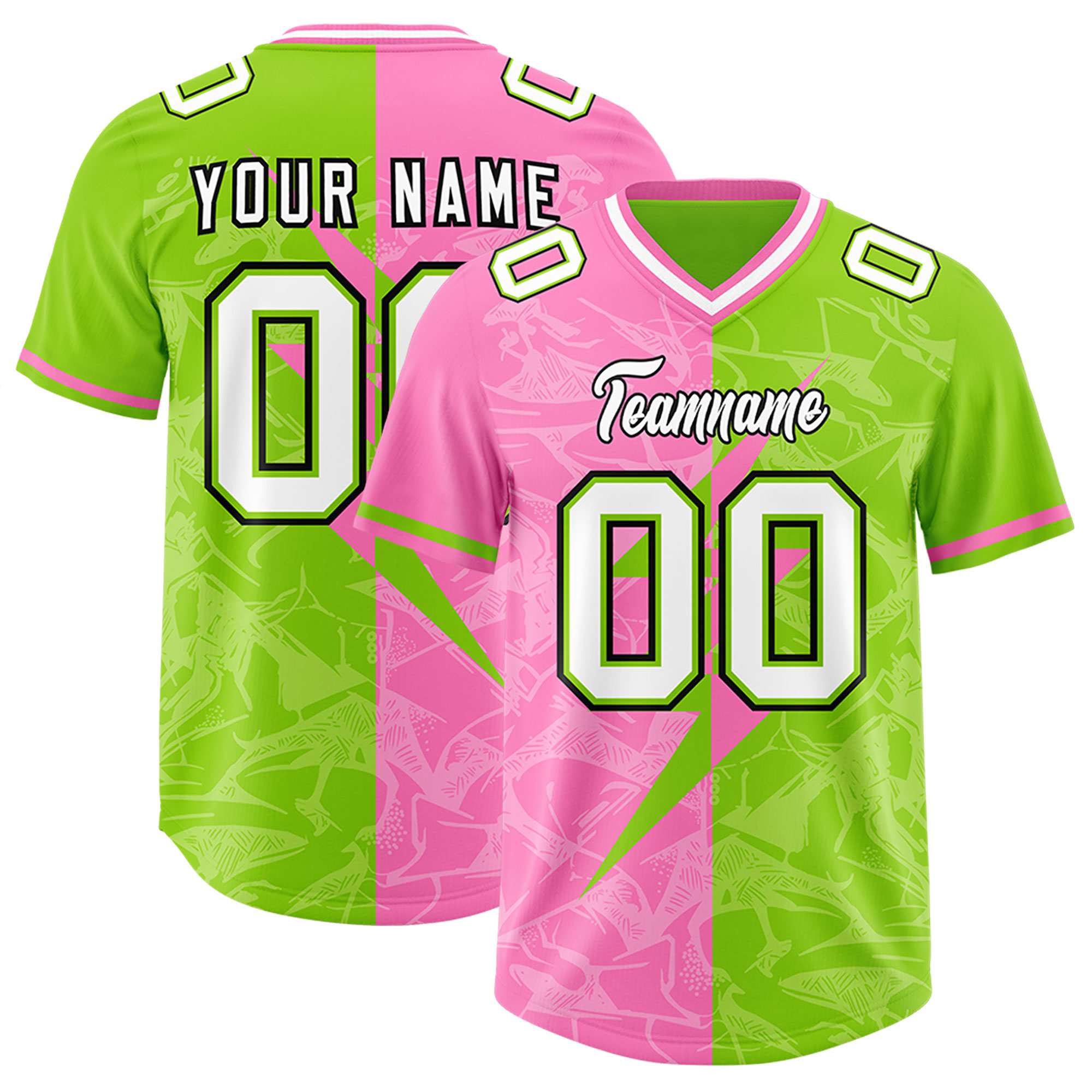 Custom Neon Green Pink Split Personalized Lightning Pattern American Football Jersey