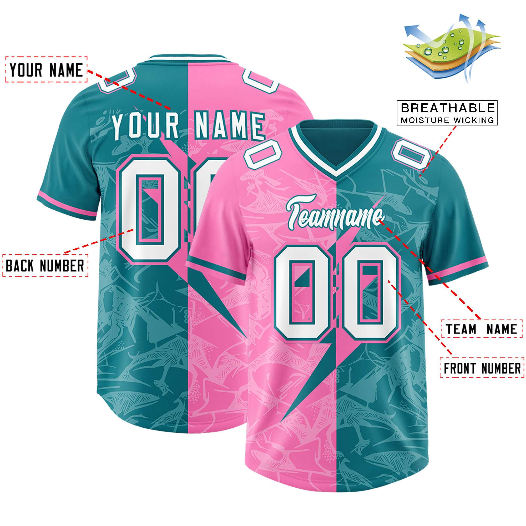 Custom Aqua Pink Split Personalized Lightning Pattern American Football Jersey