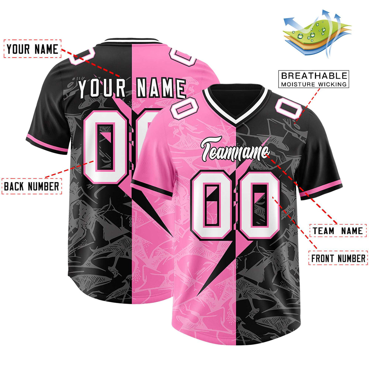 Custom Black Pink Split Personalized Lightning Pattern American Football Jersey