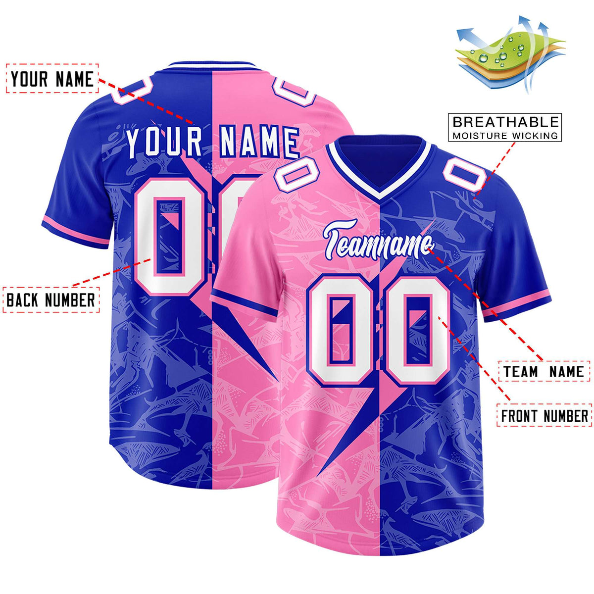 Custom Royal Pink Split Personalized Lightning Pattern American Football Jersey