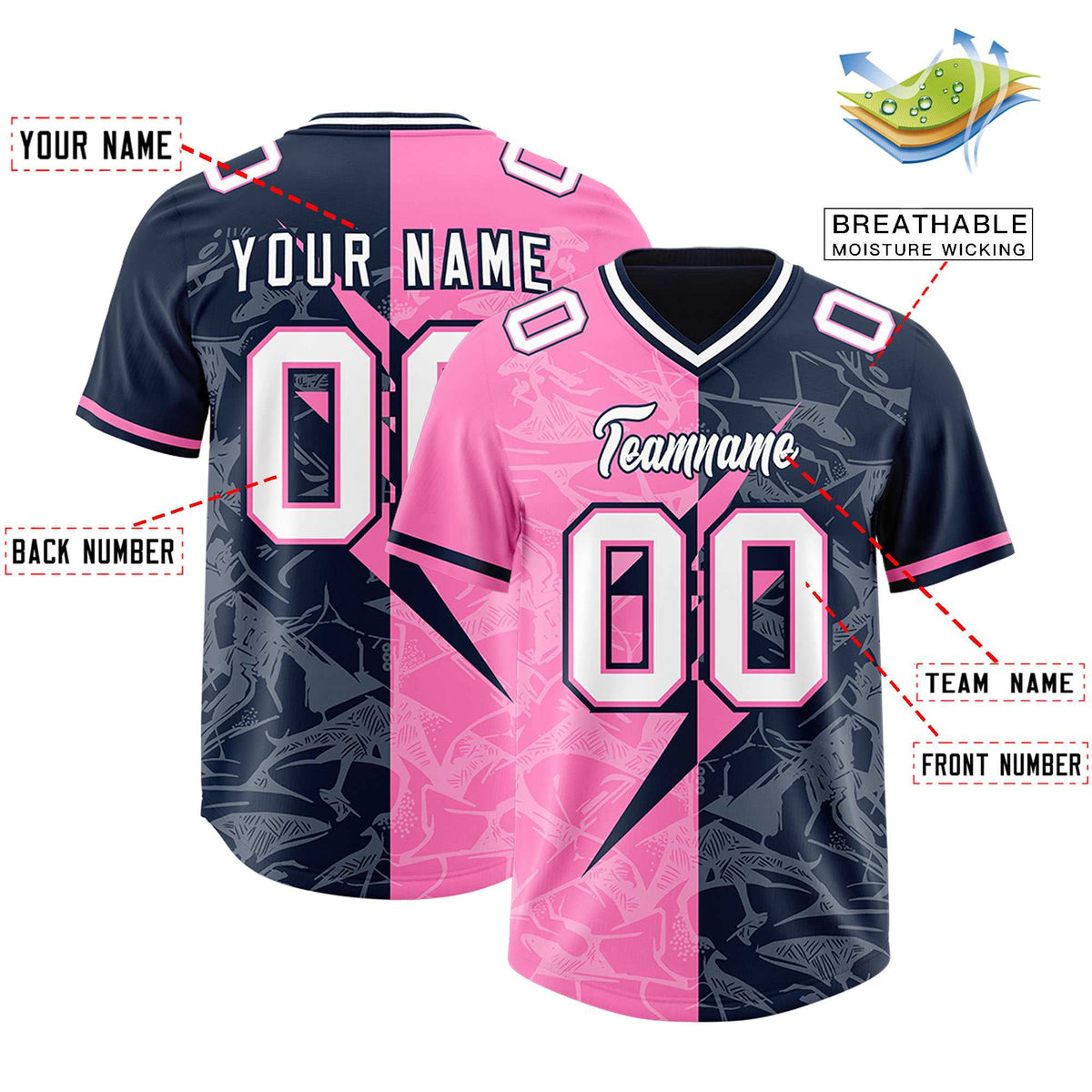 Custom Navy Pink Split Personalized Lightning Pattern American Football Jersey