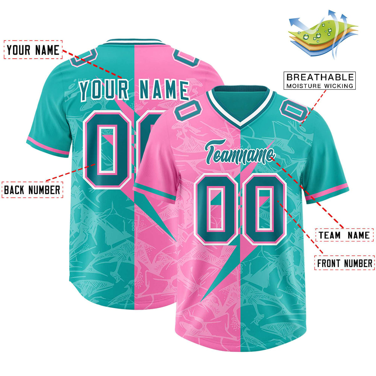 Custom Aqua Pink Split Personalized Lightning Pattern American Football Jersey