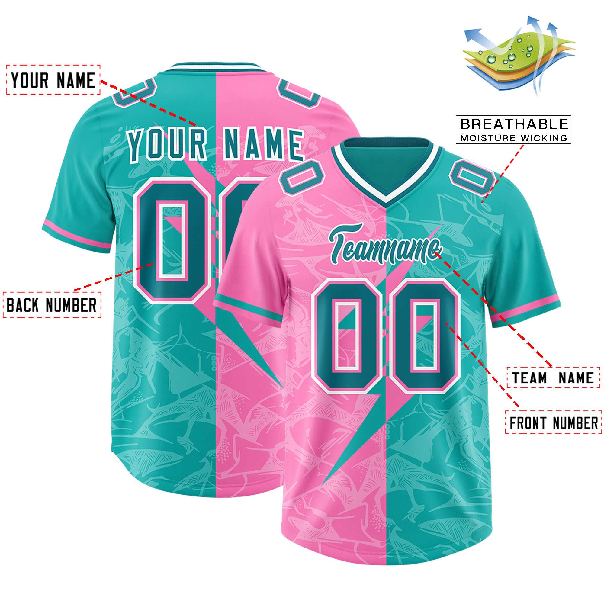 Custom Aqua Pink Split Personalized Lightning Pattern American Football Jersey