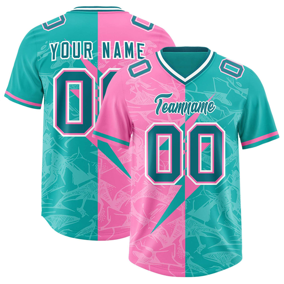 Custom Aqua Pink Split Personalized Lightning Pattern American Football Jersey