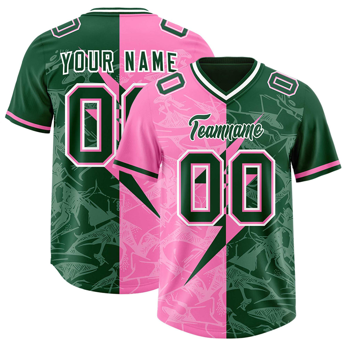 Custom Pink Green Split Personalized Lightning Pattern American Football Jersey