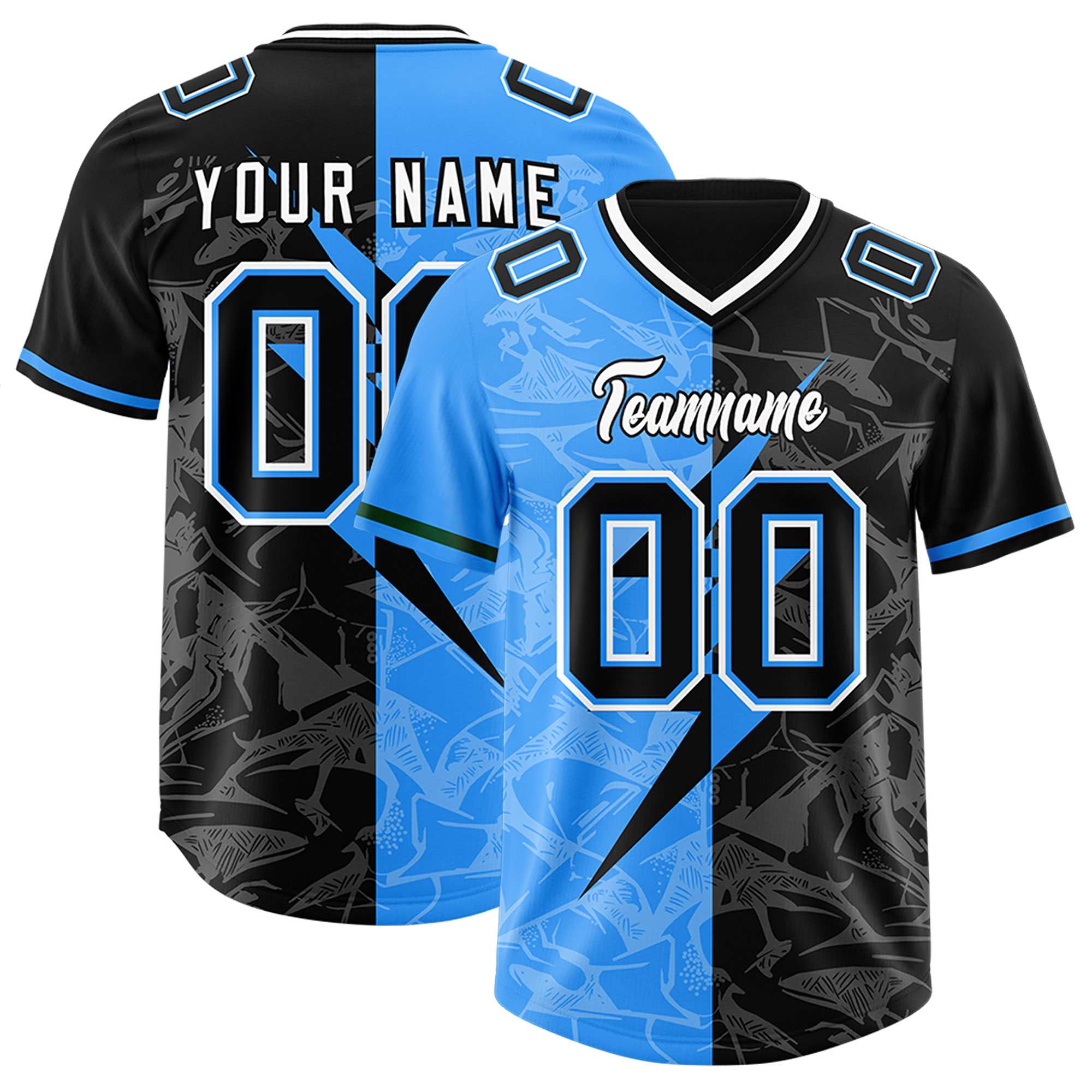 Custom Black Light Blue Split Personalized Lightning Pattern American Football Jersey