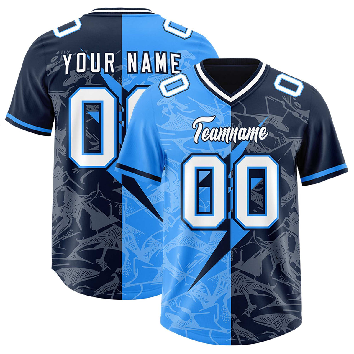 Custom Navy Light Blue Split Personalized Lightning Pattern American Football Jersey