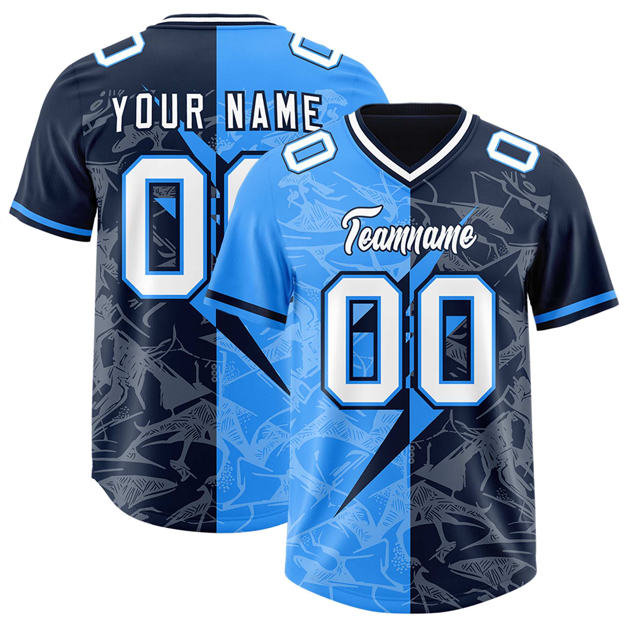 Custom Navy Light Blue Split Personalized Lightning Pattern American Football Jersey