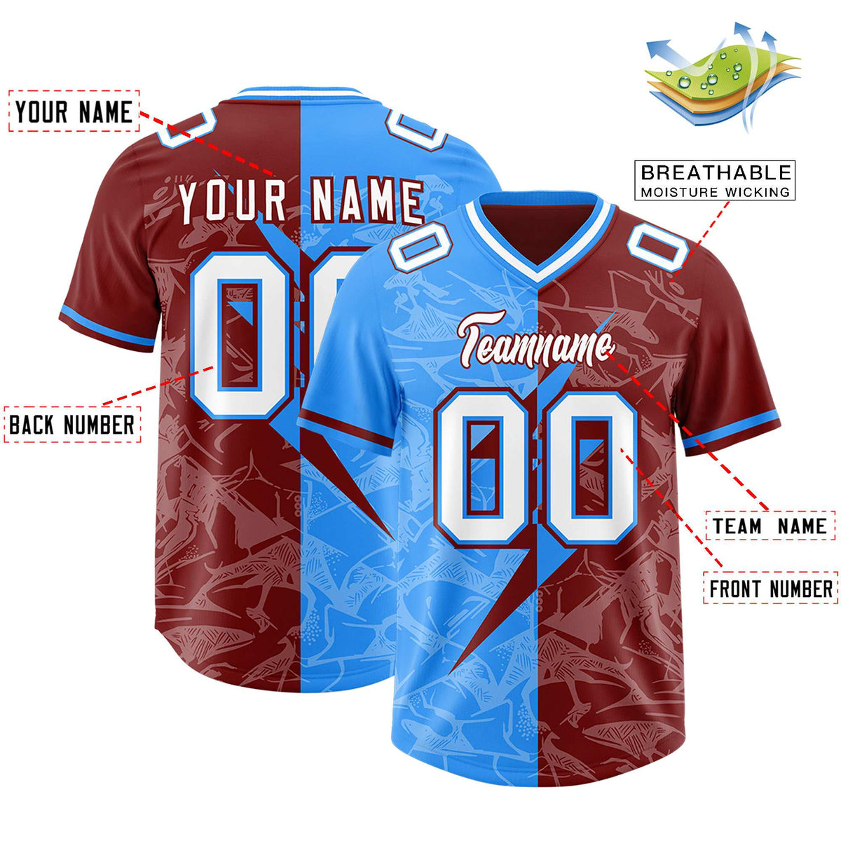 Custom Crimson Light Blue Split Personalized Lightning Pattern American Football Jersey