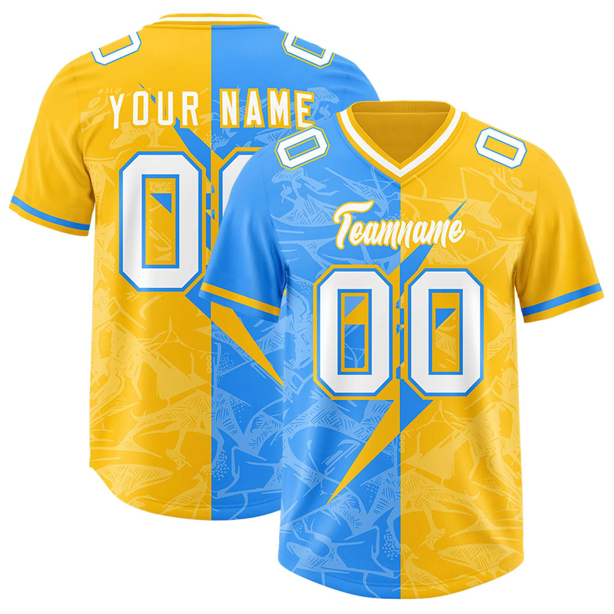 Custom Yellow Light Blue Split Personalized Lightning Pattern American Football Jersey