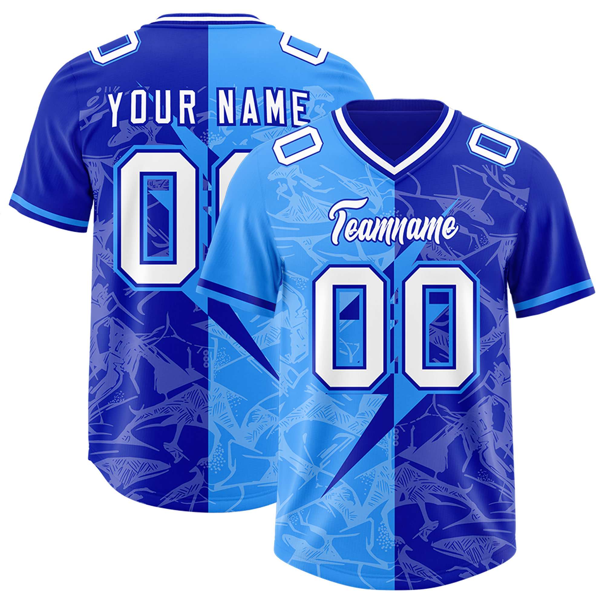 Custom Royal Light Blue Split Personalized Lightning Pattern American Football Jersey