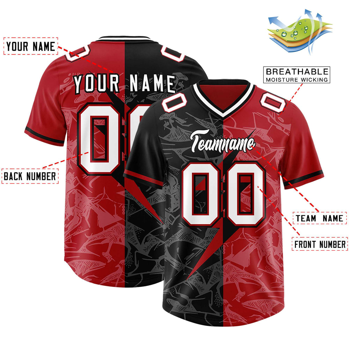 Custom Black Red Split Personalized Lightning Pattern American Football Jersey