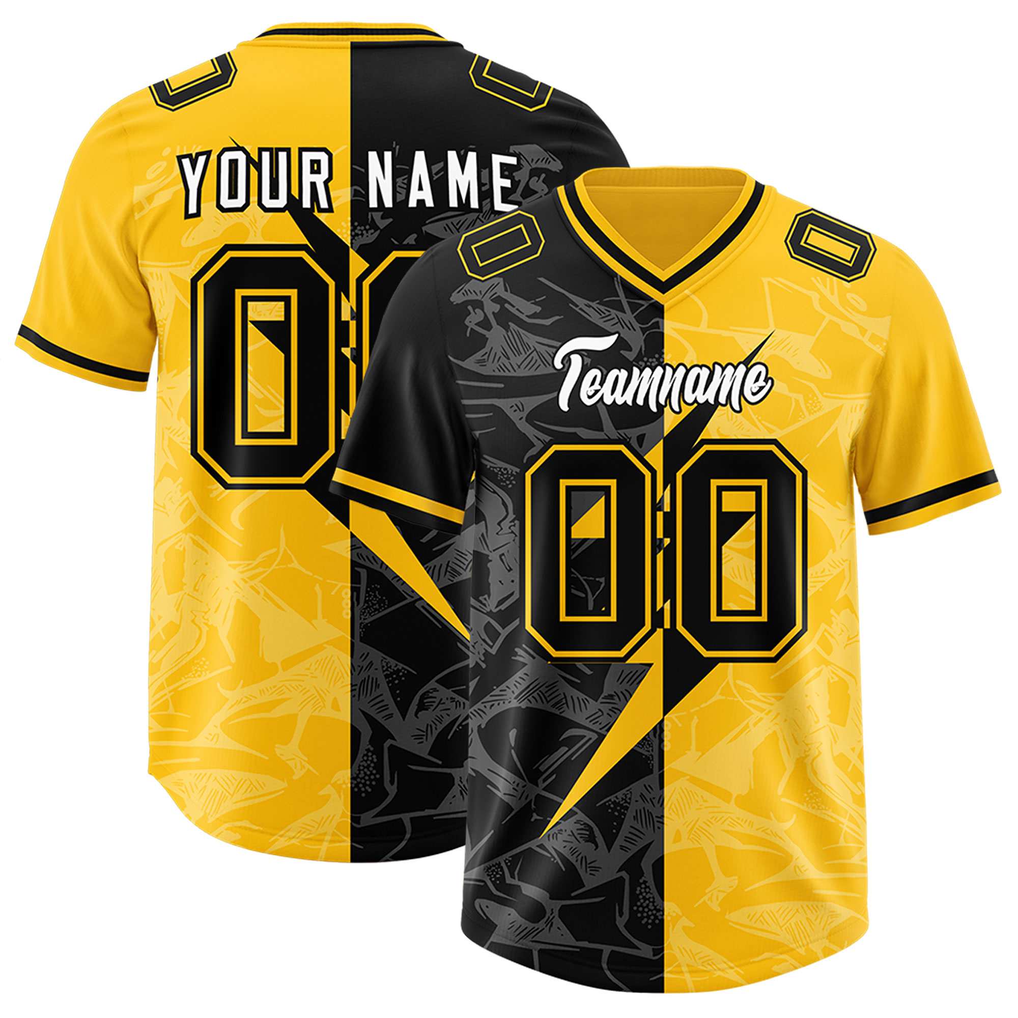 Custom Yellow Black Split Personalized Lightning Pattern American Football Jersey
