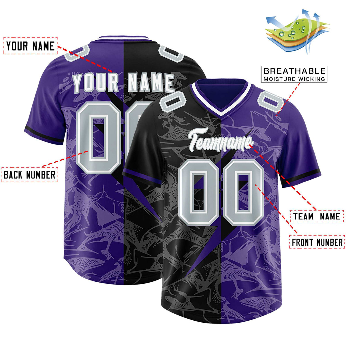 Custom Purple Black Split Personalized Lightning Pattern American Football Jersey