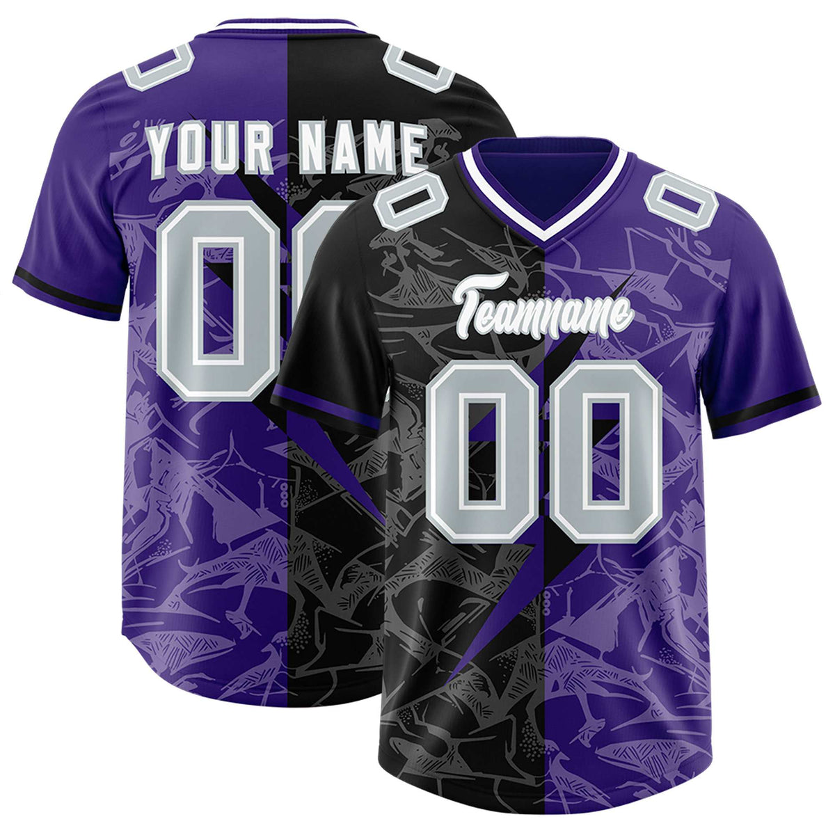 Custom Purple Black Split Personalized Lightning Pattern American Football Jersey