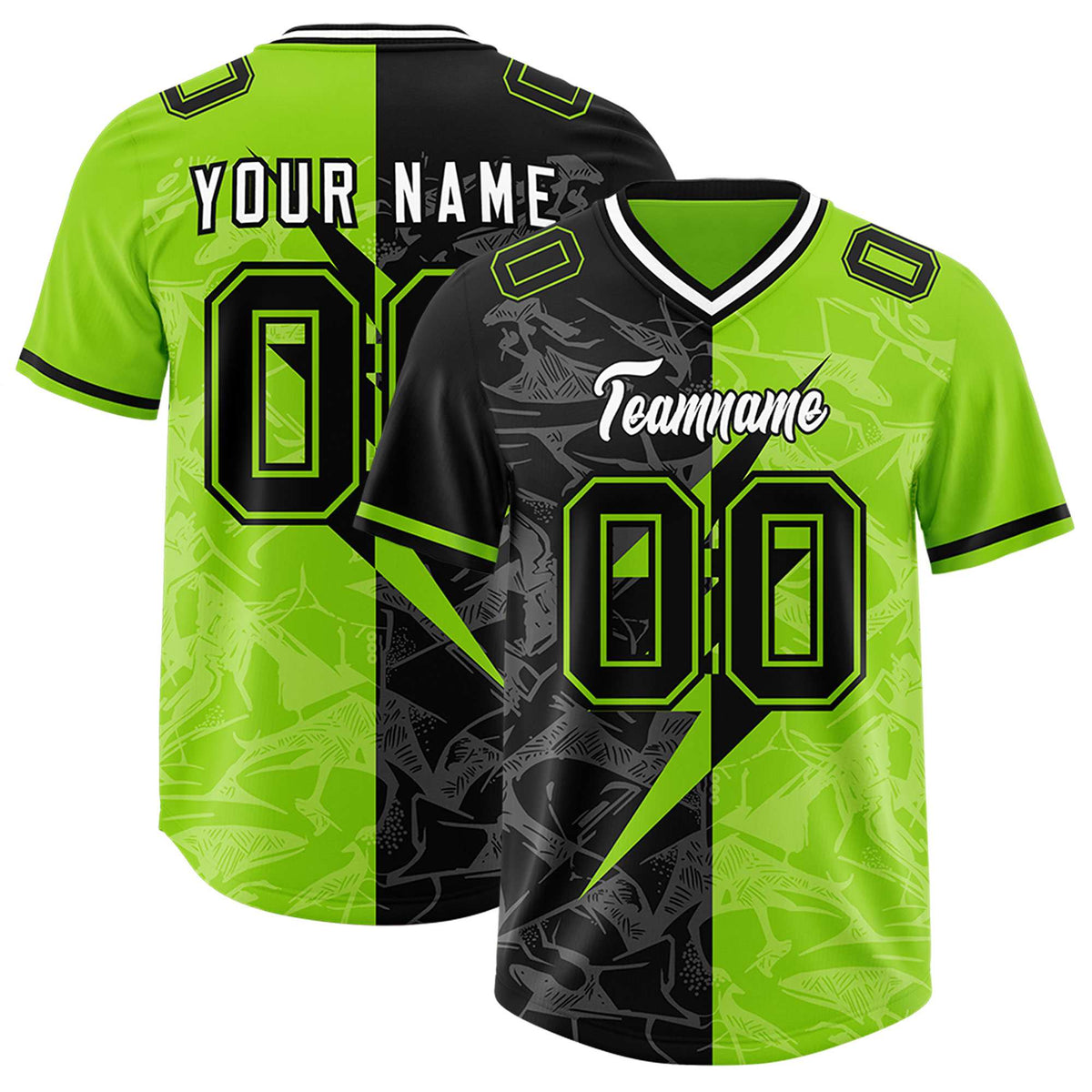 Custom Neon Green Black Split Personalized Lightning Pattern American Football Jersey