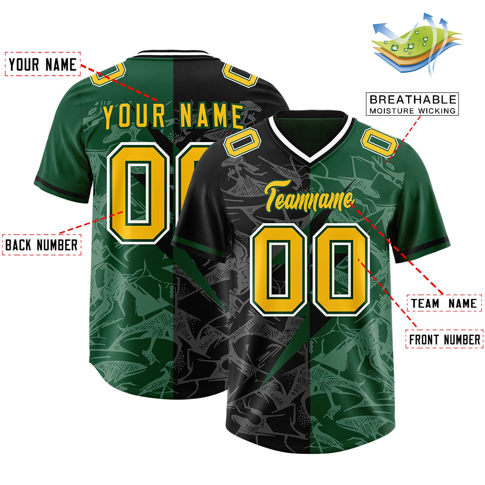 Custom Black Green Split Personalized Lightning Pattern American Football Jersey