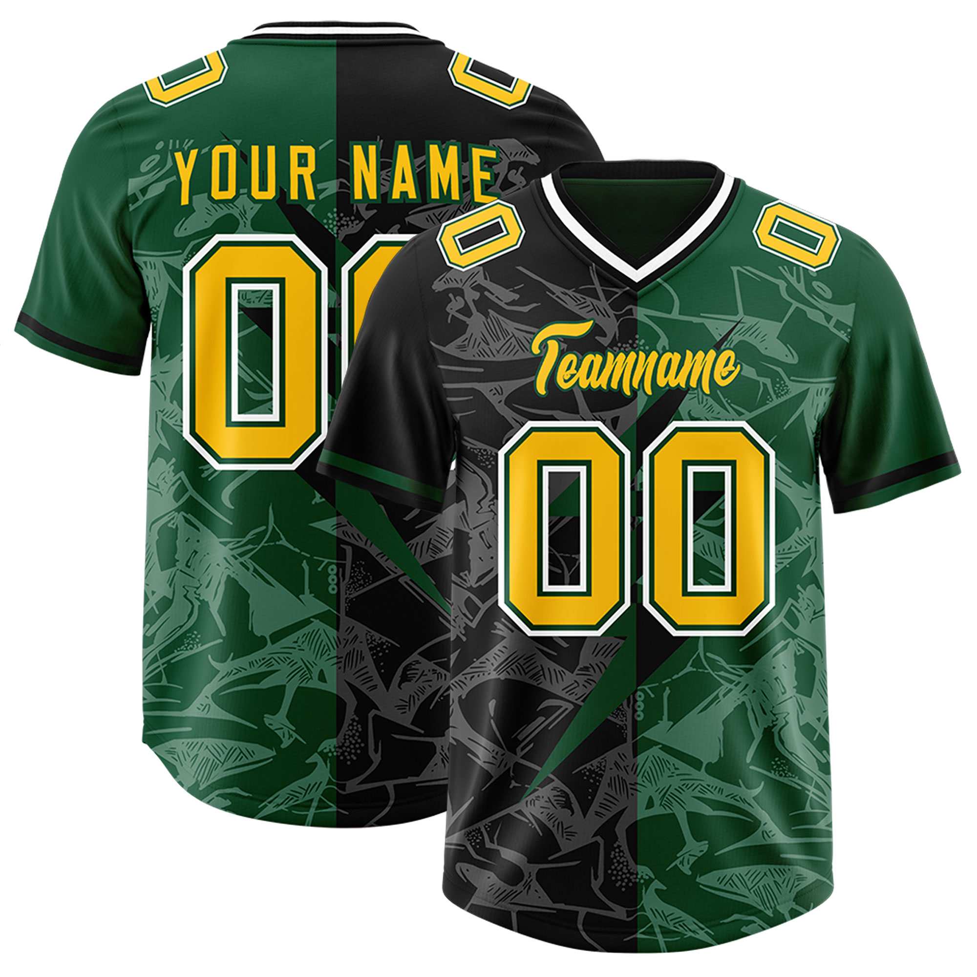 Custom Black Green Split Personalized Lightning Pattern American Football Jersey