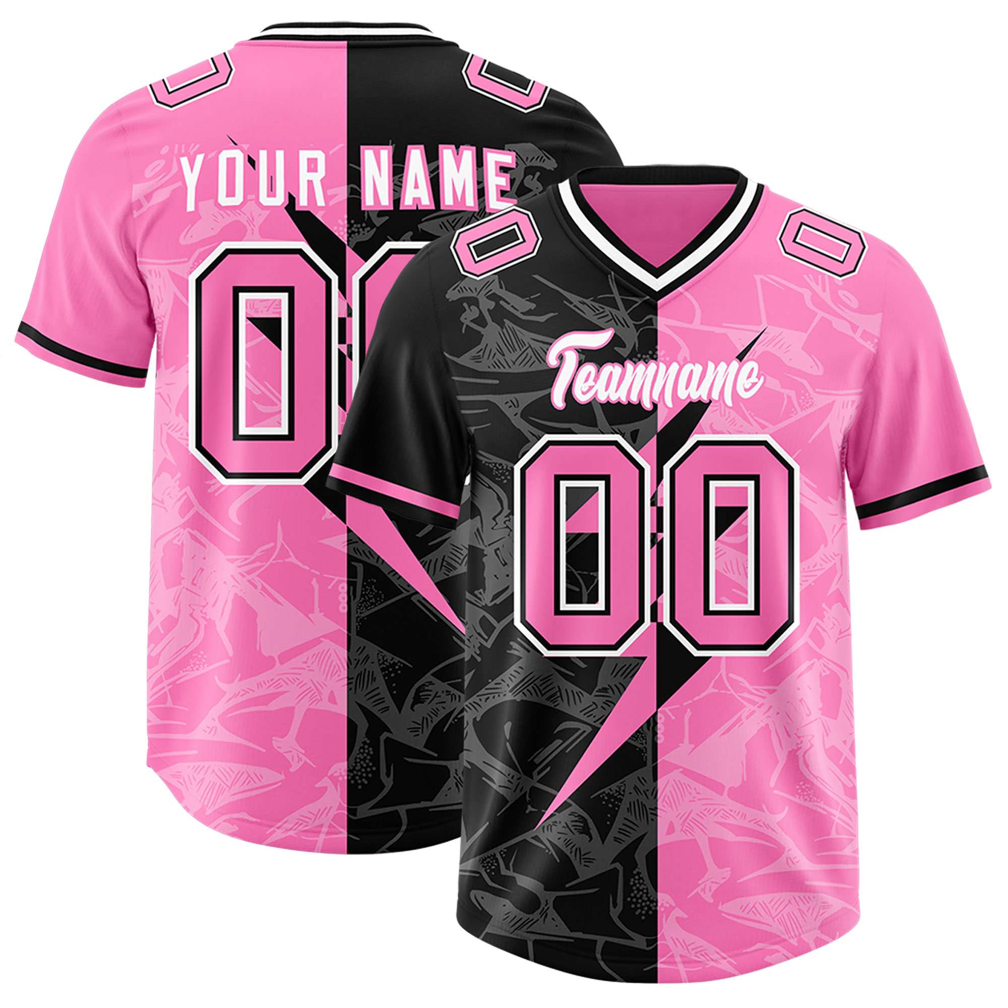Custom Pink Black Split Personalized Lightning Pattern American Football Jersey
