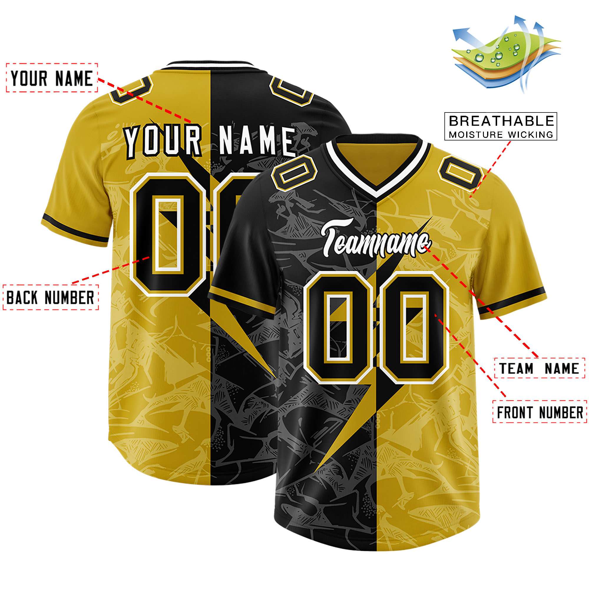 Custom Old Gold Black Split Personalized Lightning Pattern American Football Jersey